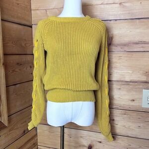 Mustard Yellow Lattice Sleeve Shaker Knit Sweater Womens Small Revamped